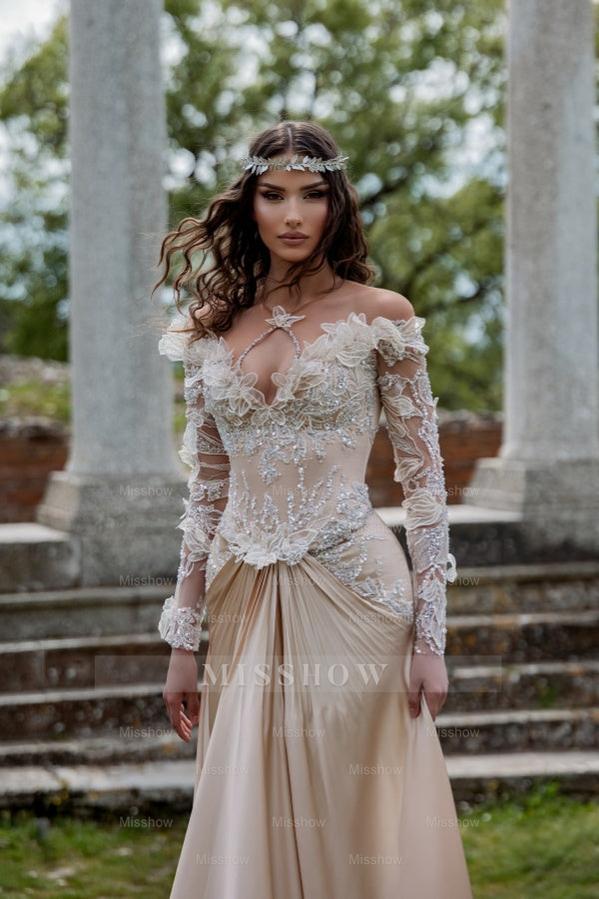 Noble Champagne Long-Sleeve Criss-Cross Straps Mermaid Prom Dress with 3D Flowers