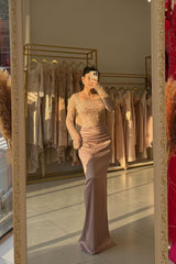 Noble Dusty Rose Square Long-Sleeve Mermaid Formal Dress with Beadings