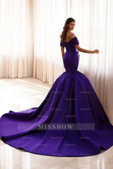 Noble Purple Off-The-Shoulder Mermaid Prom Dress with Chapel Train