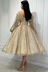 Obsessing Gold A-line Off-the-shoulder Sequined Prom Evening Dresses with Long Sleeves