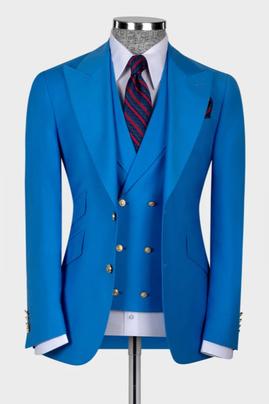 Ocean Blue Peak Lapel Three-Piece Men's Wedding Ensemble