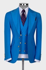 Ocean Blue Peak Lapel Three-Piece Men's Wedding Ensemble
