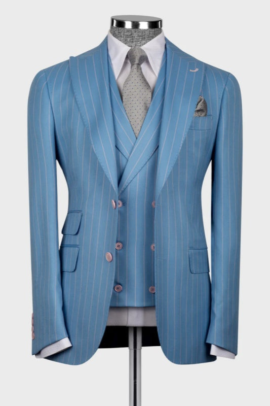 Ocean Blue Striped Peaked Lapel Three-Piece Men's Business Suit