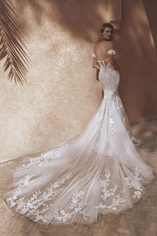 Off-Shoulder 3D Floral Cluster Puff Sleeves Illusion Visible Boning Lace-Up Corset All-Over 3D Lace Leaf Appliqué Fitted Mermaid Wedding Dress Cathedral Train