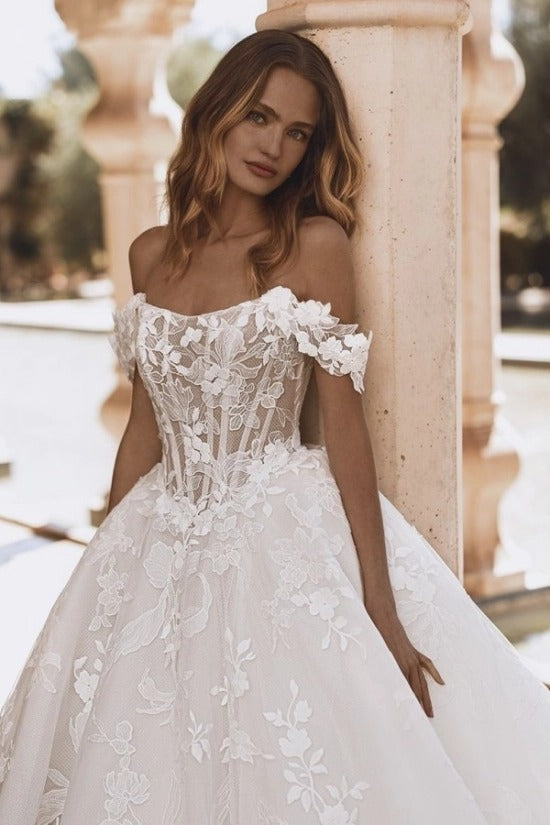 Off-Shoulder 3D Floral Strap Illusion Visible Boning Corset All-Over 3D Lace Floral Appliqué Princess Ball Gown Wedding Dress Cathedral Train