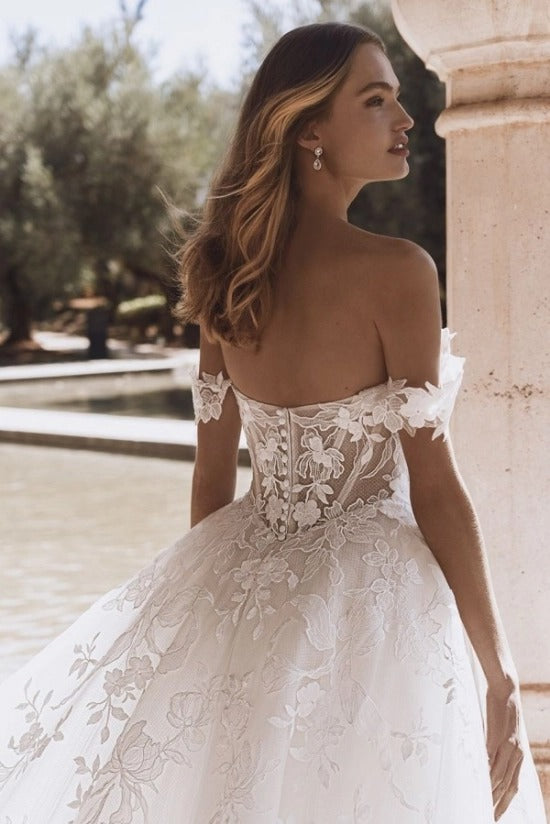 Off-Shoulder 3D Floral Strap Illusion Visible Boning Corset All-Over 3D Lace Floral Appliqué Princess Ball Gown Wedding Dress Cathedral Train