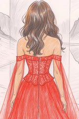 Off-Shoulder Dense Red Crystal Lace Corset Peplum Floating Ribbon Cape Sleeves Flowing Multi-Layer Tulle A-Line Prom Evening Dress