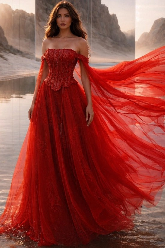 Off-Shoulder Dense Red Crystal Lace Corset Peplum Floating Ribbon Cape Sleeves Flowing Multi-Layer Tulle A-Line Prom Evening Dress