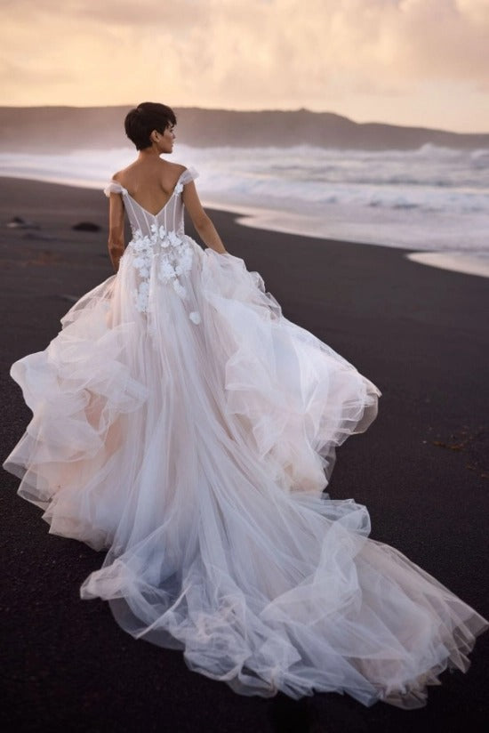 Off-Shoulder Illusion 3D Butterfly Floral Appliqué Corset Multi-Layer Tiered Tulle Ball Gown Wedding Dress Cathedral Train