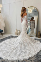 Off-Shoulder Illusion Lace Corset Pearl Chain Draping Mermaid Wedding Dress Cathedral Train Boho Couture