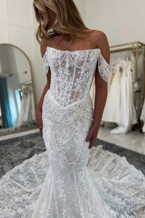 Off-Shoulder Illusion Lace Corset Pearl Chain Draping Mermaid Wedding Dress Cathedral Train Boho Couture