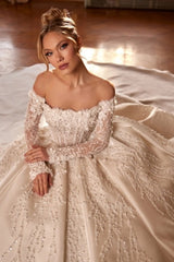 Off-Shoulder Long Sleeve 3D Floral Pearl Crystal Illusion Corset Heavy Satin Crystal Branch Embroidery Ball Gown Wedding Dress Cathedral Train
