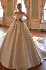 Off-Shoulder Long Sleeve 3D Floral Pearl Crystal Illusion Corset Heavy Satin Crystal Branch Embroidery Ball Gown Wedding Dress Cathedral Train