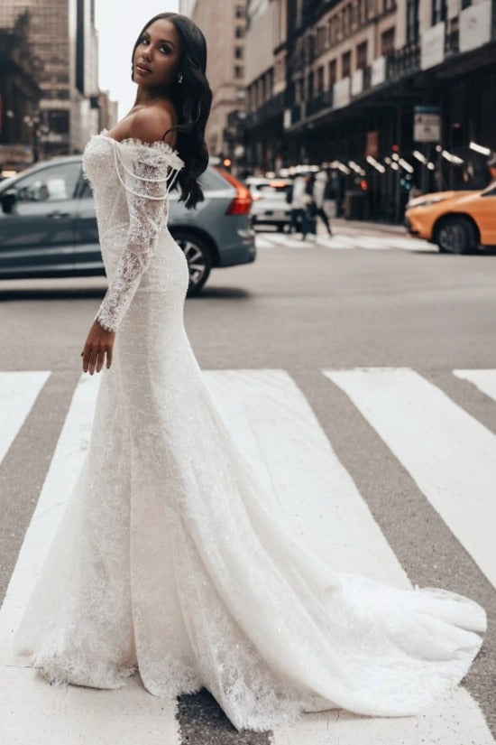 Off-Shoulder Long Sleeve Deep V Illusion Corset Sequin Lace Eyelash Trim Mermaid Wedding Dress Chapel Train