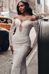 Off-Shoulder Long Sleeve Deep V Illusion Corset Sequin Lace Eyelash Trim Mermaid Wedding Dress Chapel Train