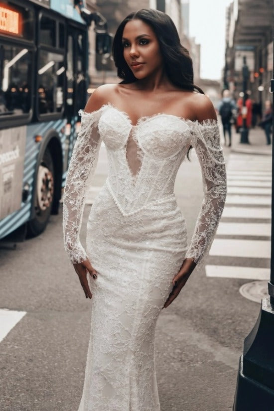 Off-Shoulder Long Sleeve Deep V Illusion Corset Sequin Lace Eyelash Trim Mermaid Wedding Dress Chapel Train