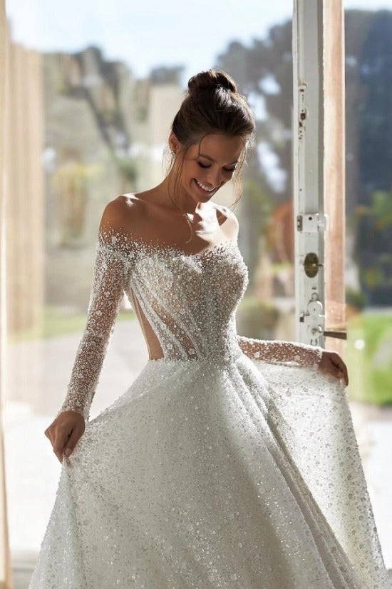 Off-Shoulder Long Sleeve Dense Crystal Sequin Embroidery Illusion Corset Glitter Tulle Ball Gown Wedding Dress Cathedral Train