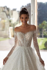 Off-Shoulder Long Sleeve Dense Crystal Sequin Embroidery Illusion Corset Glitter Tulle Ball Gown Wedding Dress Cathedral Train