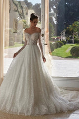 Off-Shoulder Long Sleeve Dense Crystal Sequin Embroidery Illusion Corset Glitter Tulle Ball Gown Wedding Dress Cathedral Train