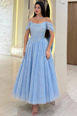Off-Shoulder Ruched Glitter Tulle A-Line Tea Length Prom Dress Detachable Cape Baby Blue