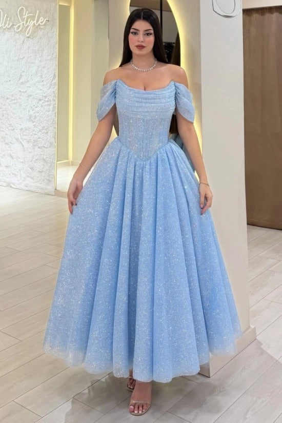 Off-Shoulder Ruched Glitter Tulle A-Line Tea Length Prom Dress Detachable Cape Baby Blue