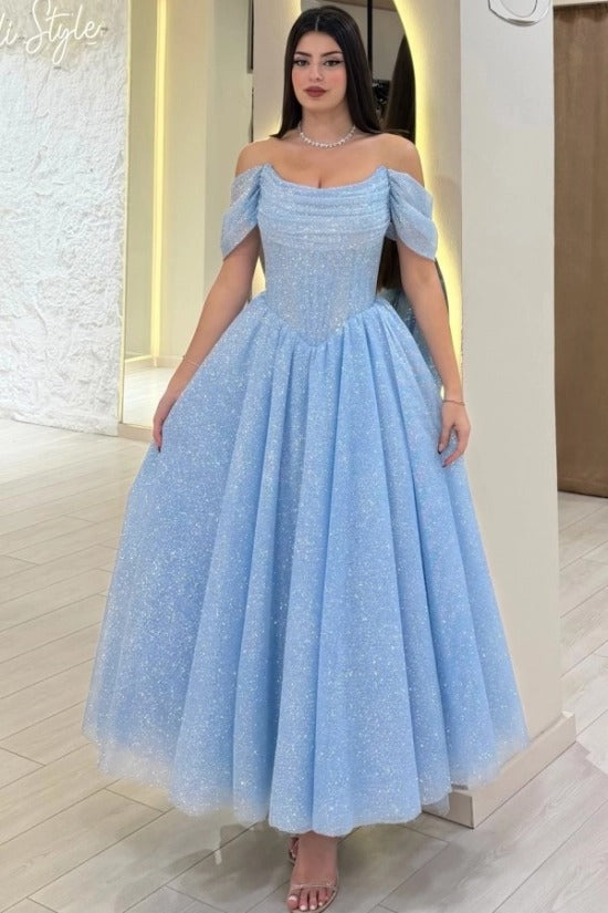 Off-Shoulder Ruched Glitter Tulle A-Line Tea Length Prom Dress Detachable Cape Baby Blue