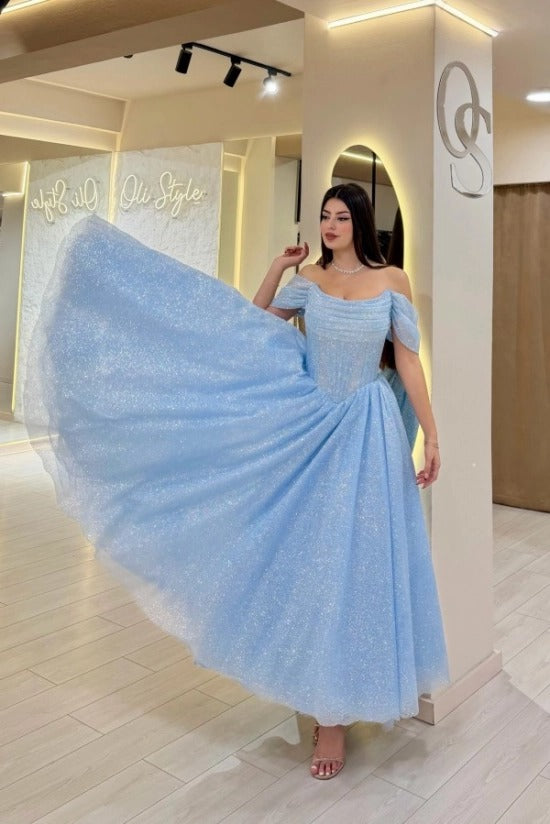 Off-Shoulder Ruched Glitter Tulle A-Line Tea Length Prom Dress Detachable Cape Baby Blue