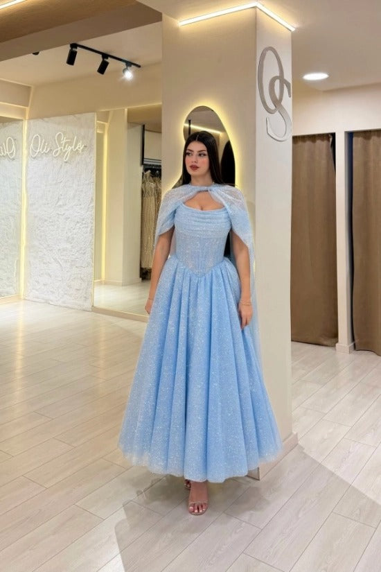 Off-Shoulder Ruched Glitter Tulle A-Line Tea Length Prom Dress Detachable Cape Baby Blue