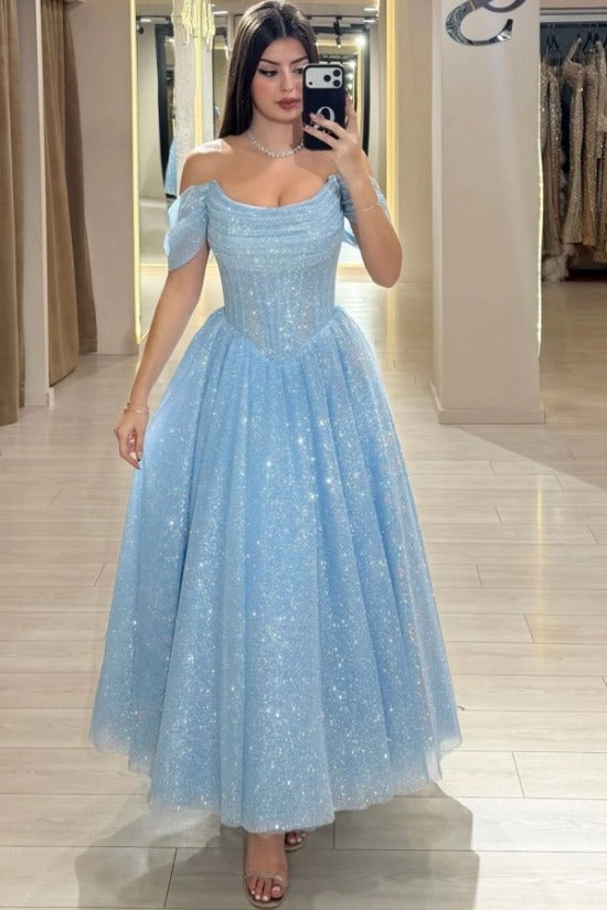 Off-Shoulder Ruched Glitter Tulle A-Line Tea Length Prom Dress Detachable Cape Baby Blue