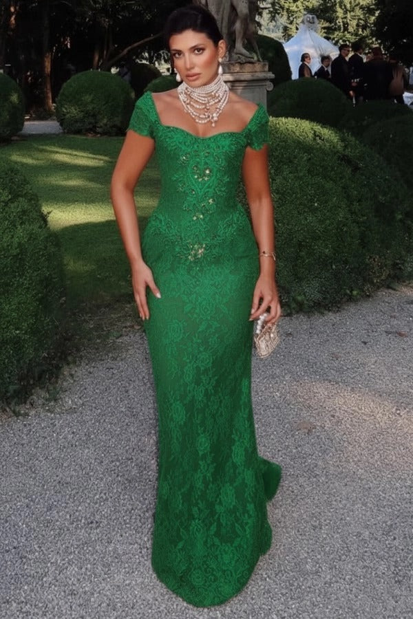 Off-Shoulder Scalloped Lace Cap Sleeve Crystal Beaded Floral Appliqué All-Over Lace Column Evening Dress Sweep Train