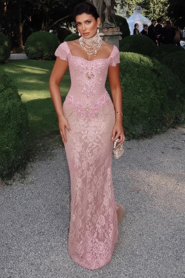 Off-Shoulder Scalloped Lace Cap Sleeve Crystal Beaded Floral Appliqué All-Over Lace Column Evening Dress Sweep Train