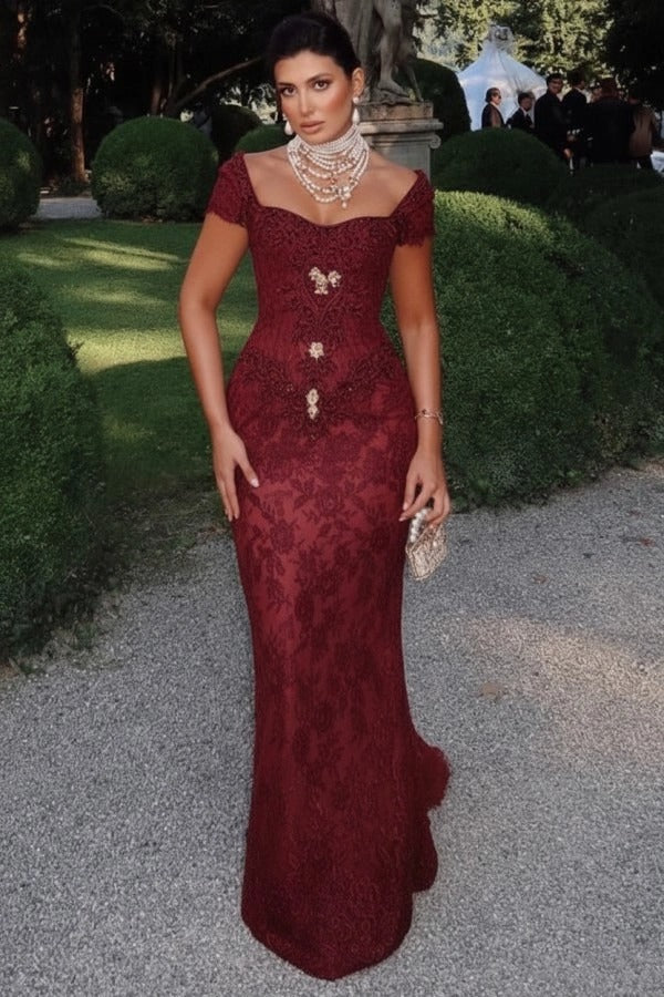Off-Shoulder Scalloped Lace Cap Sleeve Crystal Beaded Floral Appliqué All-Over Lace Column Evening Dress Sweep Train