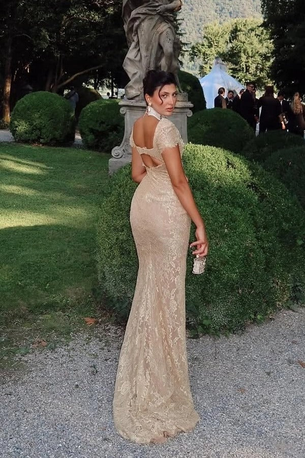 Off-Shoulder Scalloped Lace Cap Sleeve Crystal Beaded Floral Appliqué All-Over Lace Column Evening Dress Sweep Train
