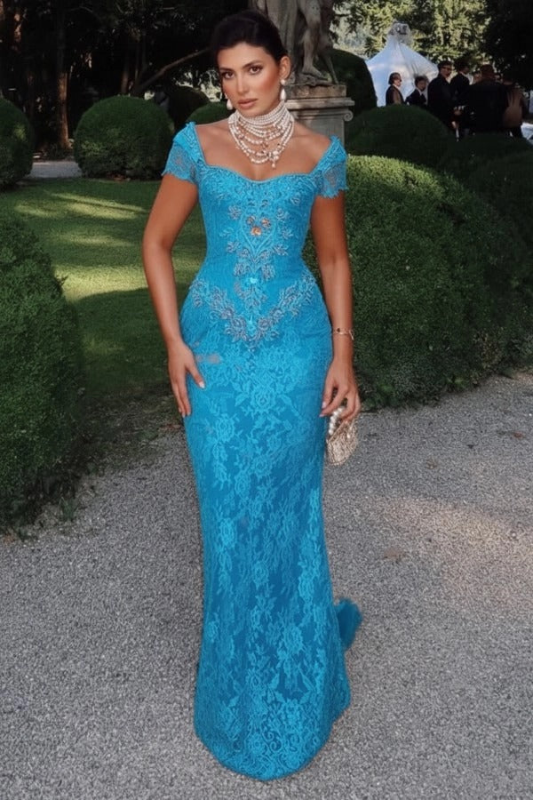 Off-Shoulder Scalloped Lace Cap Sleeve Crystal Beaded Floral Appliqué All-Over Lace Column Evening Dress Sweep Train