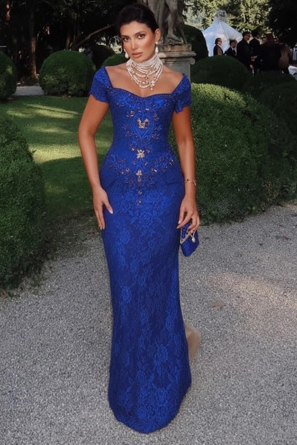 Off-Shoulder Scalloped Lace Cap Sleeve Crystal Beaded Floral Appliqué All-Over Lace Column Evening Dress Sweep Train