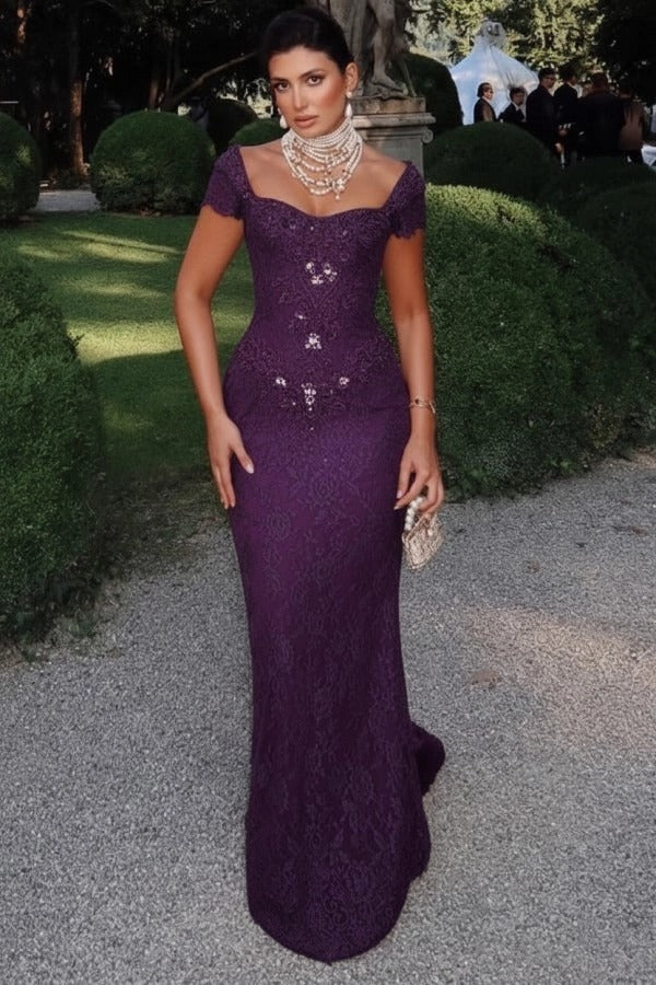 Off-Shoulder Scalloped Lace Cap Sleeve Crystal Beaded Floral Appliqué All-Over Lace Column Evening Dress Sweep Train