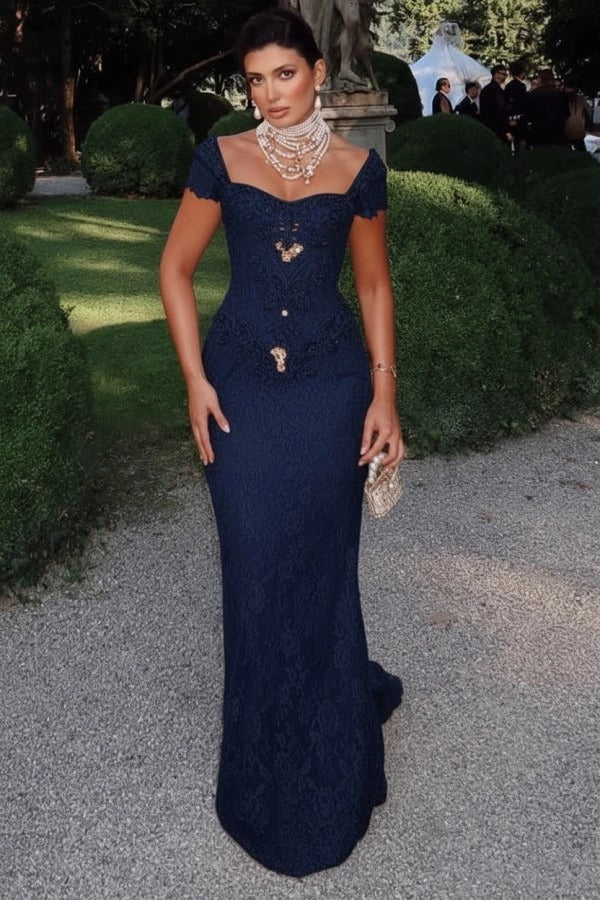 Off-Shoulder Scalloped Lace Cap Sleeve Crystal Beaded Floral Appliqué All-Over Lace Column Evening Dress Sweep Train
