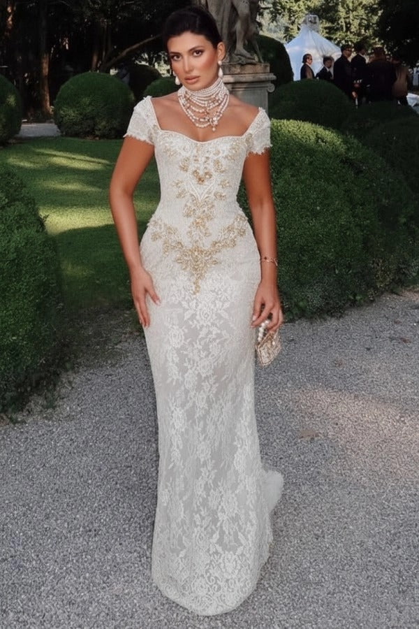 Off-Shoulder Scalloped Lace Cap Sleeve Crystal Beaded Floral Appliqué All-Over Lace Column Evening Dress Sweep Train