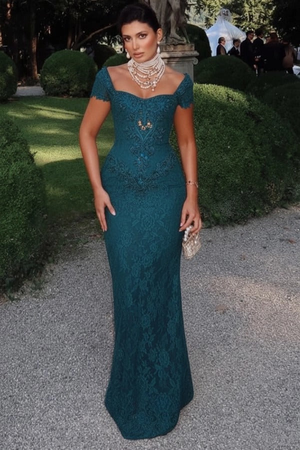 Off-Shoulder Scalloped Lace Cap Sleeve Crystal Beaded Floral Appliqué All-Over Lace Column Evening Dress Sweep Train