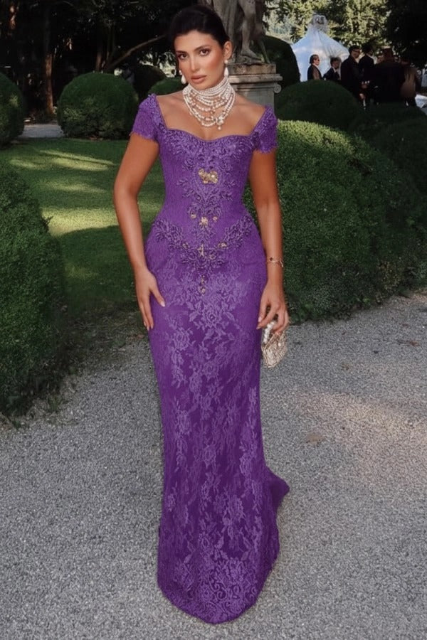 Off-Shoulder Scalloped Lace Cap Sleeve Crystal Beaded Floral Appliqué All-Over Lace Column Evening Dress Sweep Train