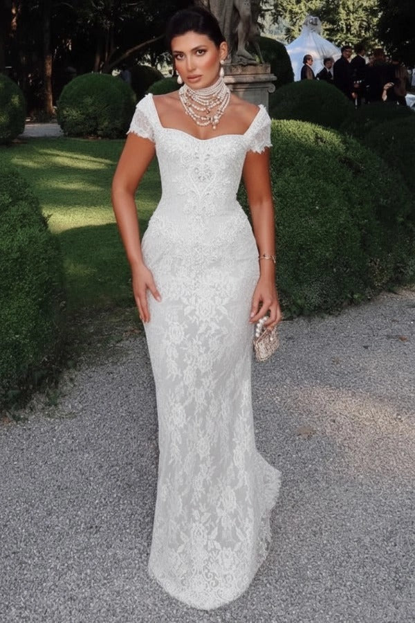 Off-Shoulder Scalloped Lace Cap Sleeve Crystal Beaded Floral Appliqué All-Over Lace Column Evening Dress Sweep Train