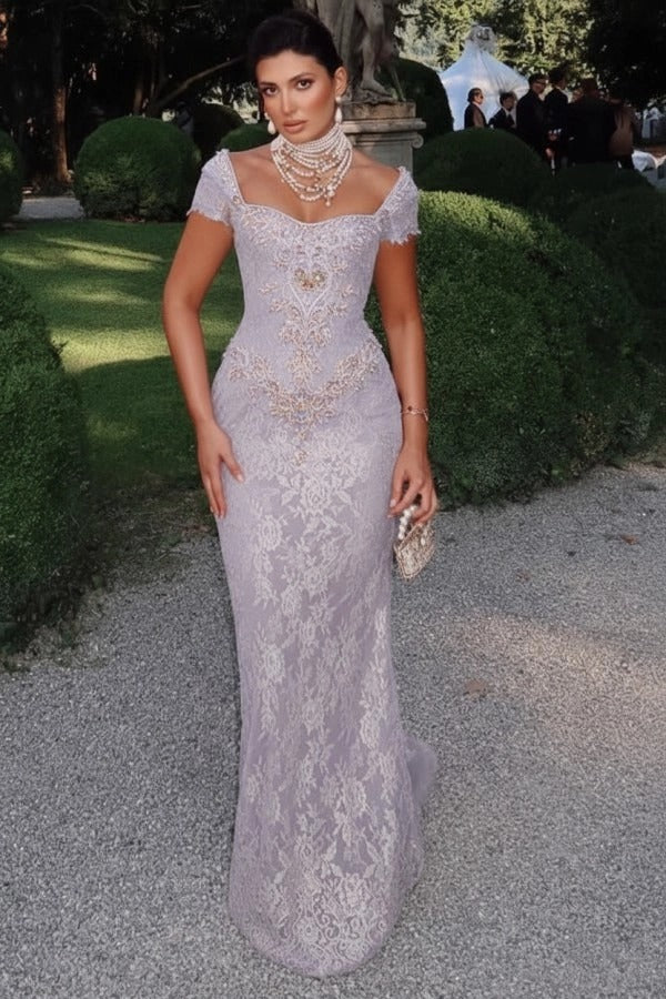 Off-Shoulder Scalloped Lace Cap Sleeve Crystal Beaded Floral Appliqué All-Over Lace Column Evening Dress Sweep Train