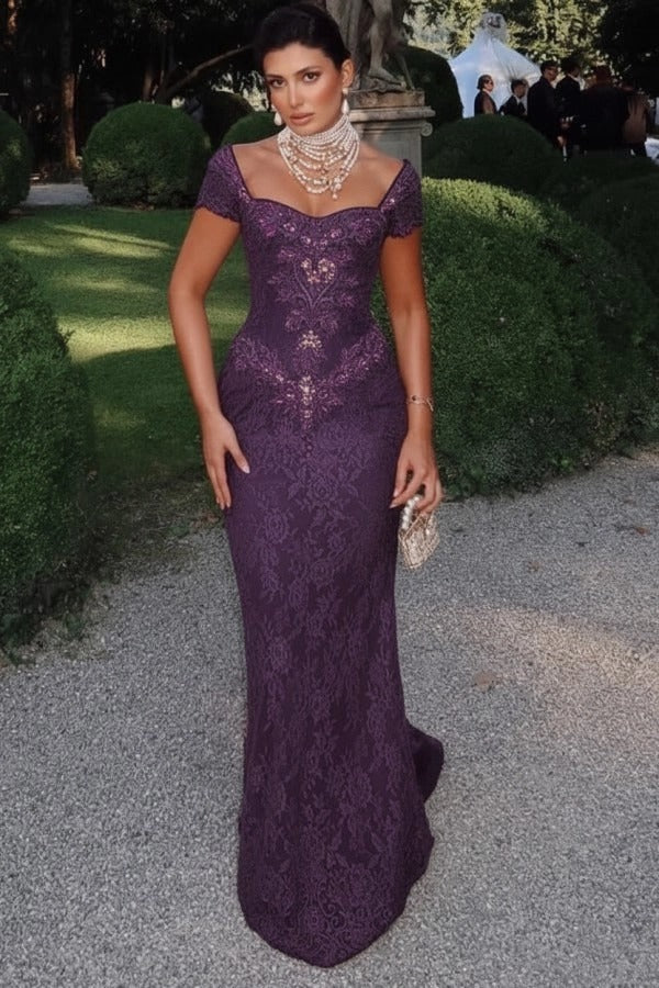 Off-Shoulder Scalloped Lace Cap Sleeve Crystal Beaded Floral Appliqué All-Over Lace Column Evening Dress Sweep Train