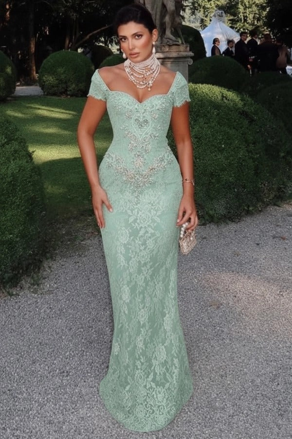 Off-Shoulder Scalloped Lace Cap Sleeve Crystal Beaded Floral Appliqué All-Over Lace Column Evening Dress Sweep Train