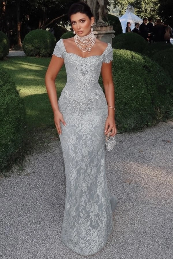 Off-Shoulder Scalloped Lace Cap Sleeve Crystal Beaded Floral Appliqué All-Over Lace Column Evening Dress Sweep Train