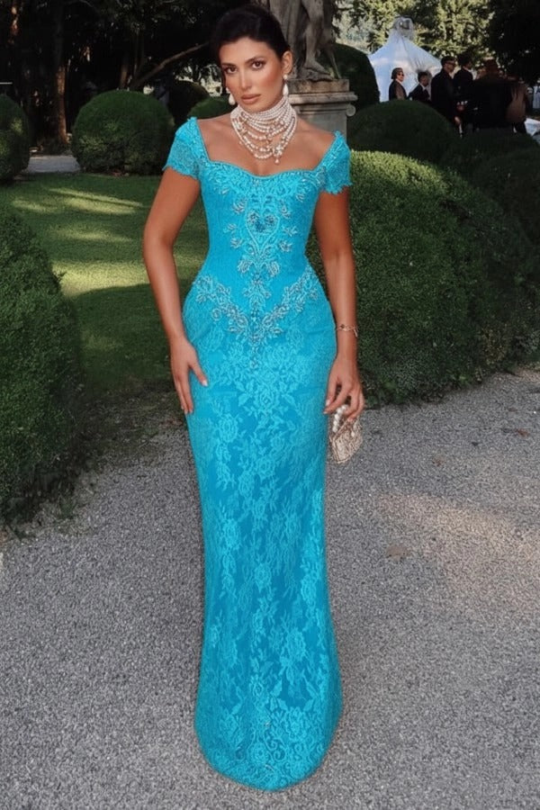 Off-Shoulder Scalloped Lace Cap Sleeve Crystal Beaded Floral Appliqué All-Over Lace Column Evening Dress Sweep Train