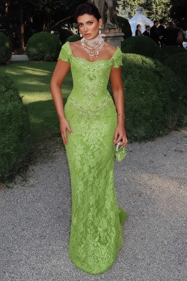 Off-Shoulder Scalloped Lace Cap Sleeve Crystal Beaded Floral Appliqué All-Over Lace Column Evening Dress Sweep Train