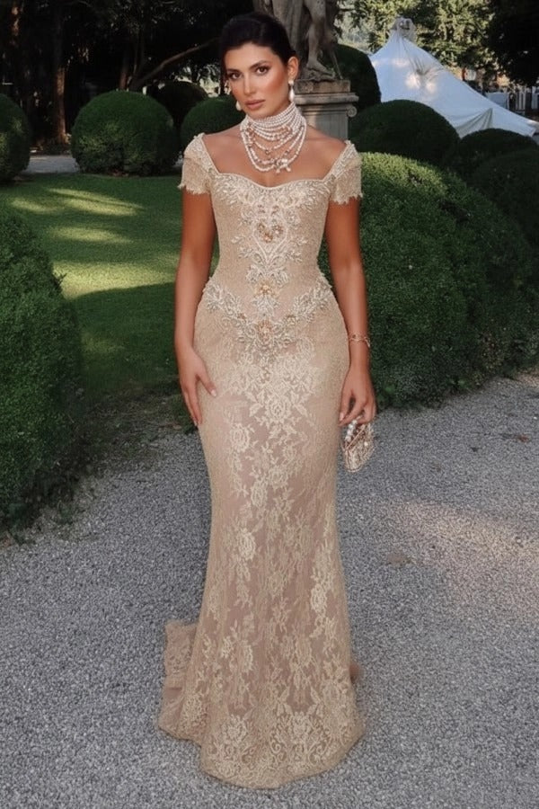 Off-Shoulder Scalloped Lace Cap Sleeve Crystal Beaded Floral Appliqué All-Over Lace Column Evening Dress Sweep Train