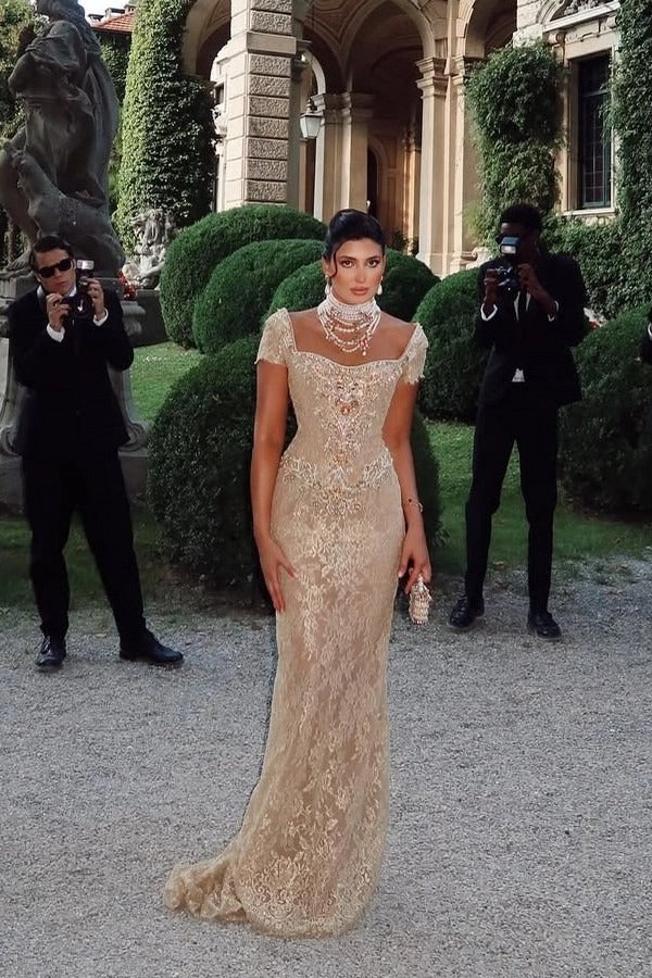 Off-Shoulder Scalloped Lace Cap Sleeve Crystal Beaded Floral Appliqué All-Over Lace Column Evening Dress Sweep Train