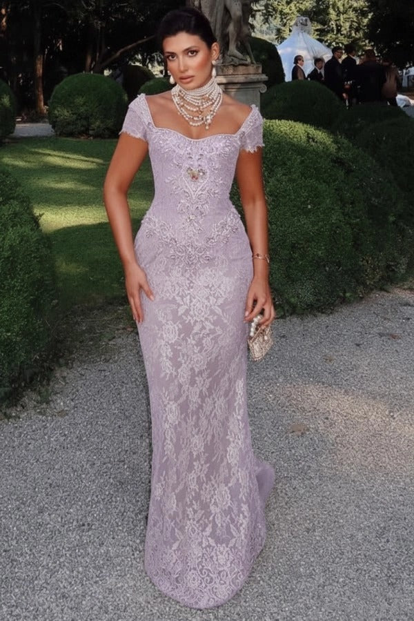 Off-Shoulder Scalloped Lace Cap Sleeve Crystal Beaded Floral Appliqué All-Over Lace Column Evening Dress Sweep Train